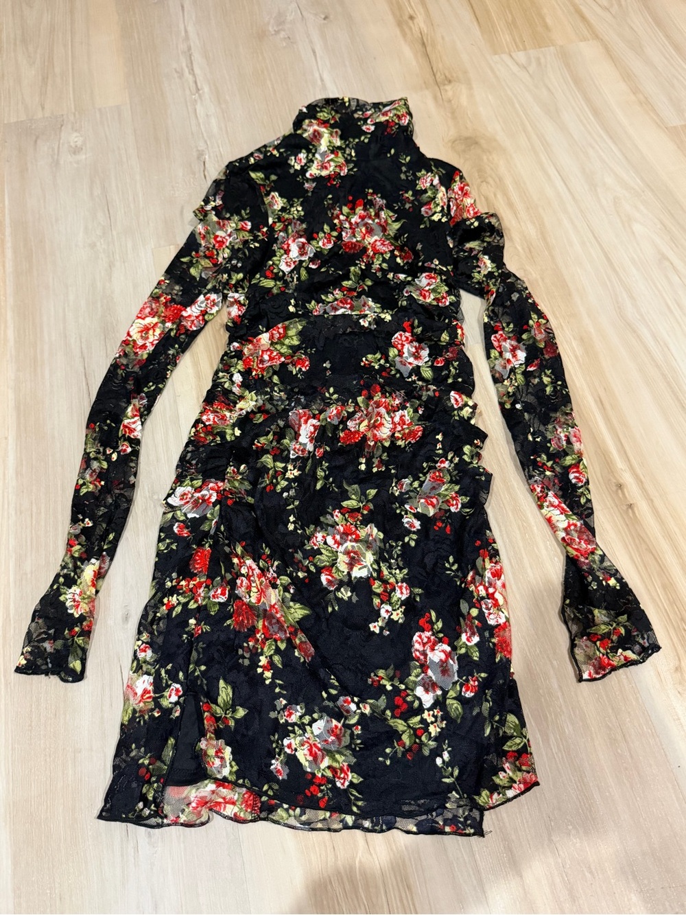 Vici Black Floral Long Sleeve Mesh Dress with Red & Green Blooms